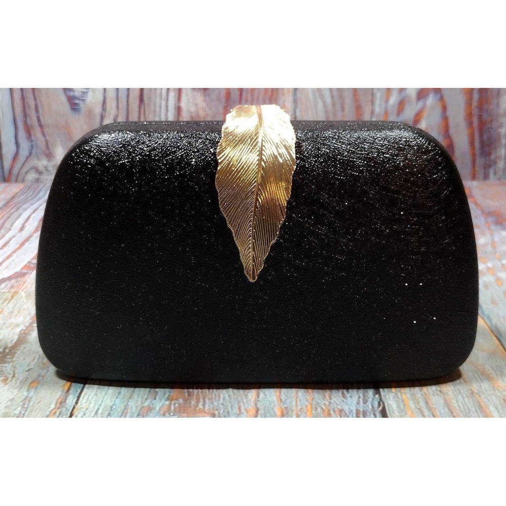 Black‎ Hard Hand Clutch with Gold tone Leaf- New without tags